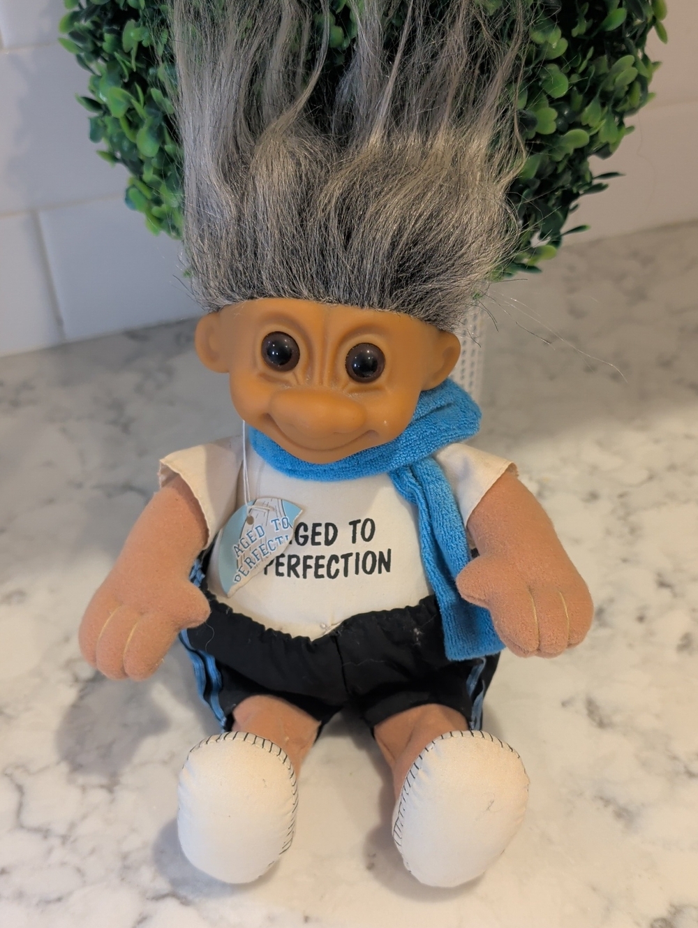 Russ Gray-Haired Troll Doll with Blue Scarf